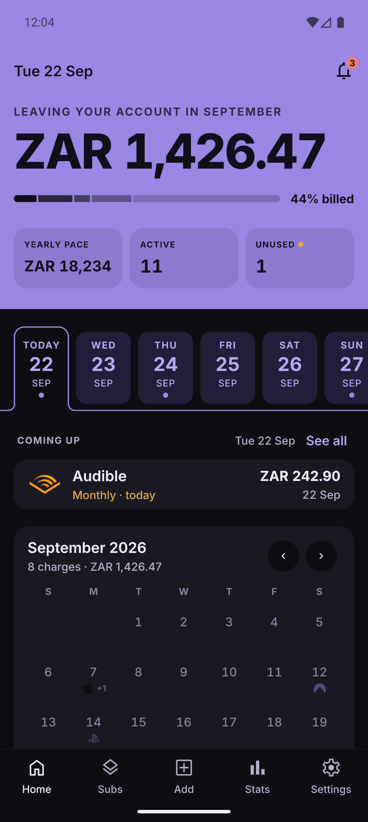 SubTrack home screen in dark mode