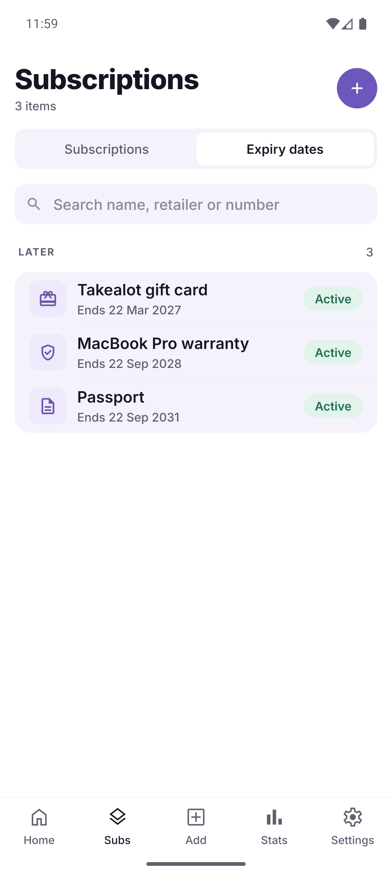 SubTrack expiry dates screen with warranties and vouchers and their reminders