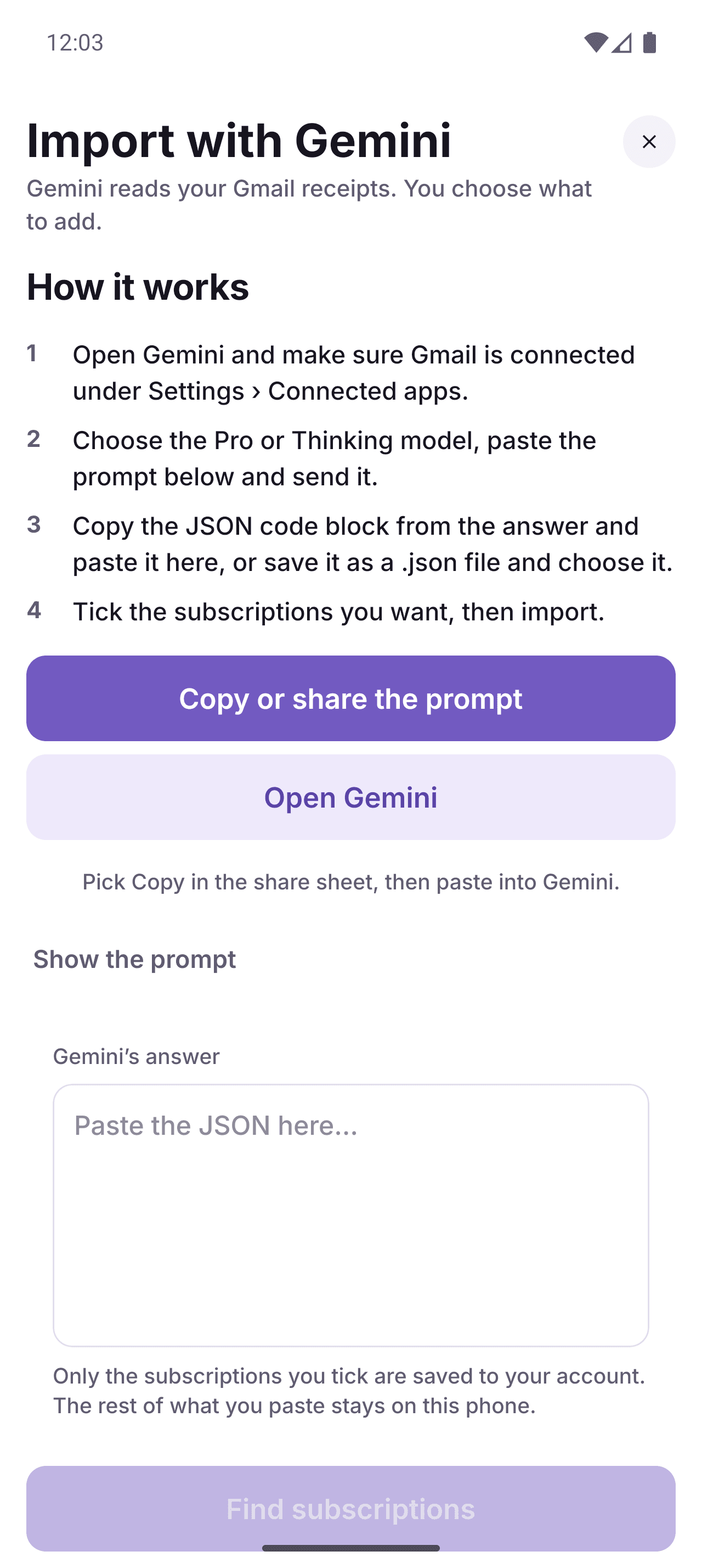 SubTrack's Import with Gemini screen listing subscriptions found in an inbox