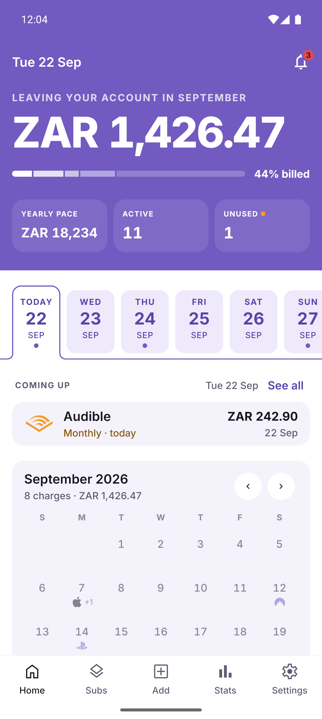 SubTrack home screen showing this month's total, the week ahead, and the next charge