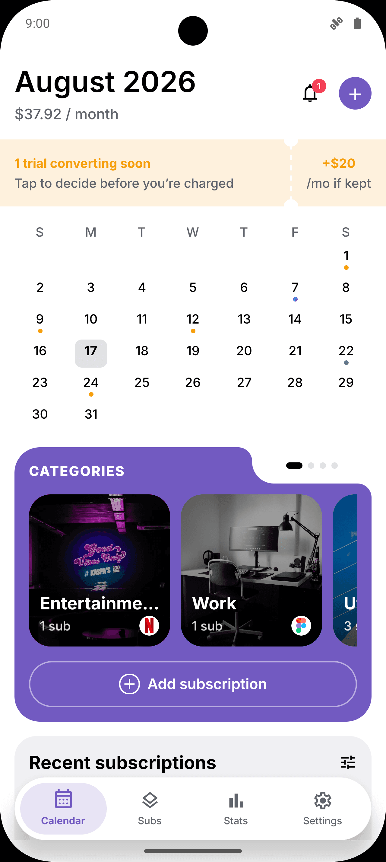 SubTrack calendar showing renewal dots, a trial warning, and the monthly total