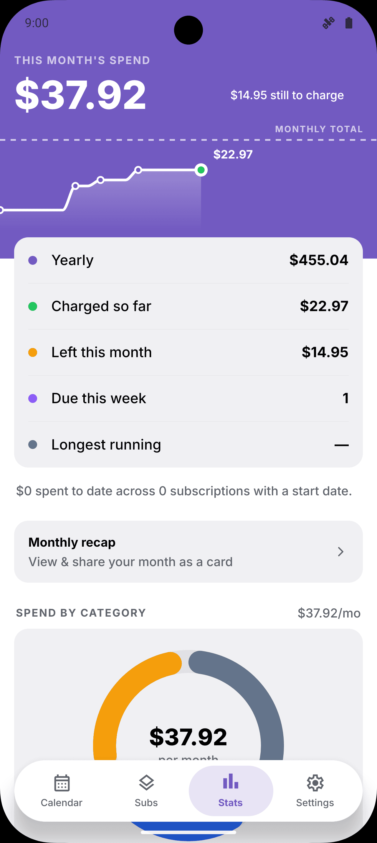 SubTrack stats screen with monthly spend and category split
