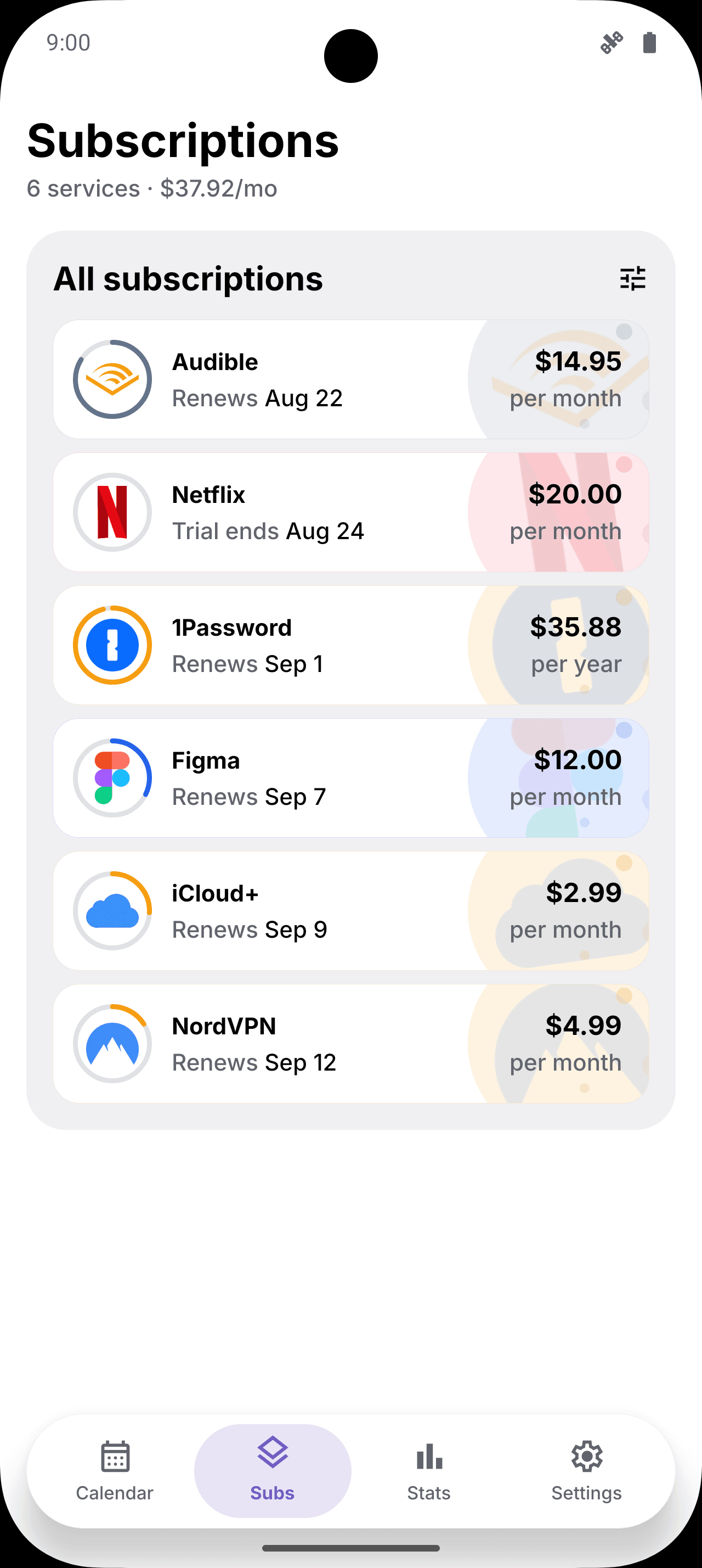 SubTrack subscription list showing prices, renewal dates, and a trial ending